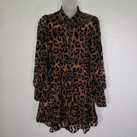 CIEBON Dresses & Skirts - CIEBON Dress Womens XS Leopard Shirt Dress Belted Chiffon Puff Sleeve Brown NEW